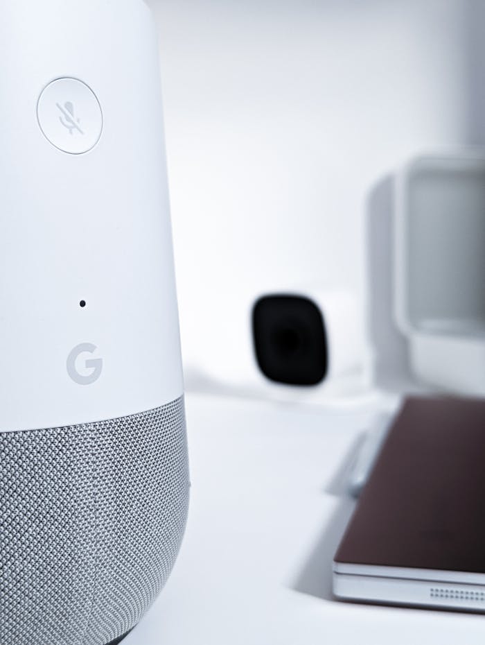 Close-up of a smart speaker on a desk with modern gadgets in a sleek setting.
